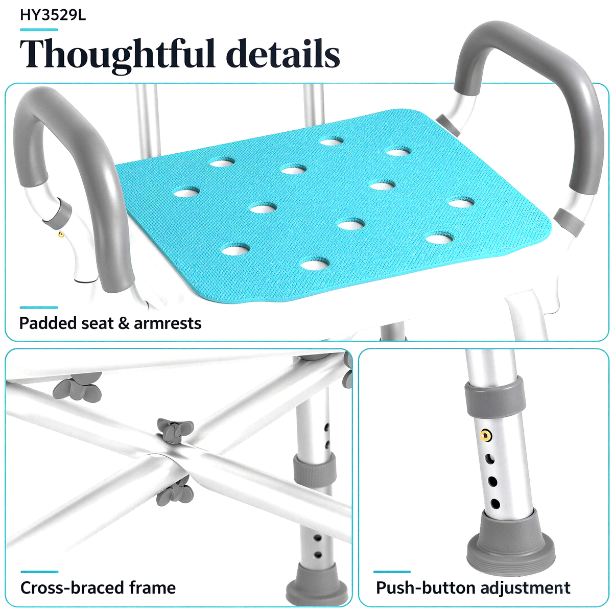 Close-ups of the DeepTireh HY3529L padded seat, gray armrests, cross-braced frame and leg adjustment button