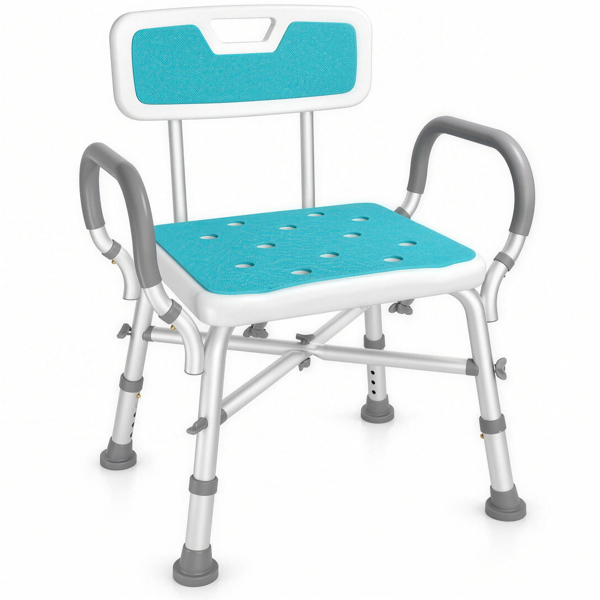 DeepTireh HY3529L shower chair with teal seat and backrest padding, gray armrests and adjustable legs