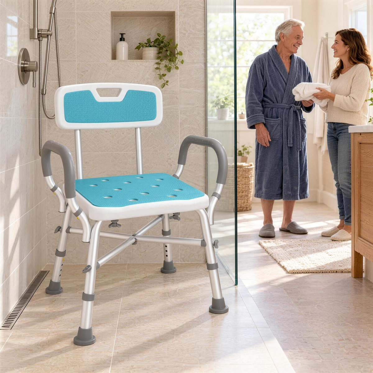DeepTireh HY3529L shower chair in a walk-in shower with an older man and a younger woman standing nearby