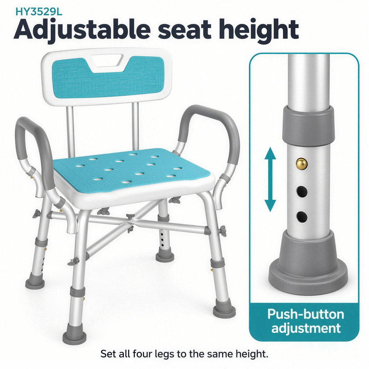 DeepTireh HY3529L push-button leg adjustment detail with a reminder to set all four legs to the same height