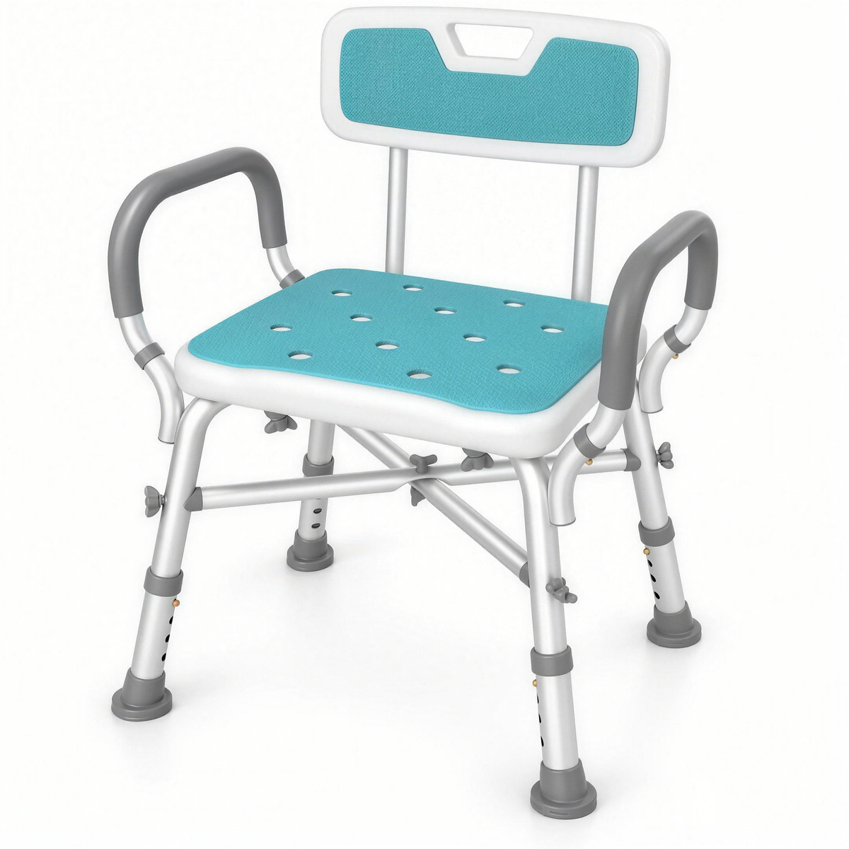 Angled view of the DeepTireh HY3529L shower chair showing seat drainage holes, crossed support bars and gray feet