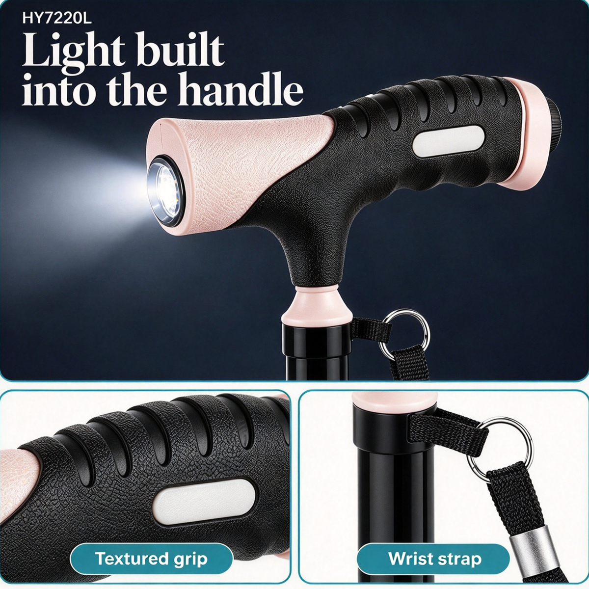 Close-ups of the DeepTireh HY7220L illuminated LED handle light, textured grip and attached wrist strap