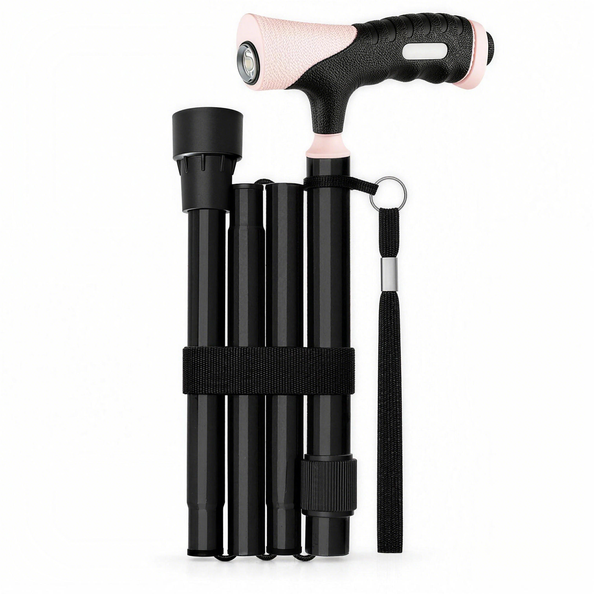 Folded DeepTireh HY7220L walking cane with bundled black shaft sections and a pink and black handle