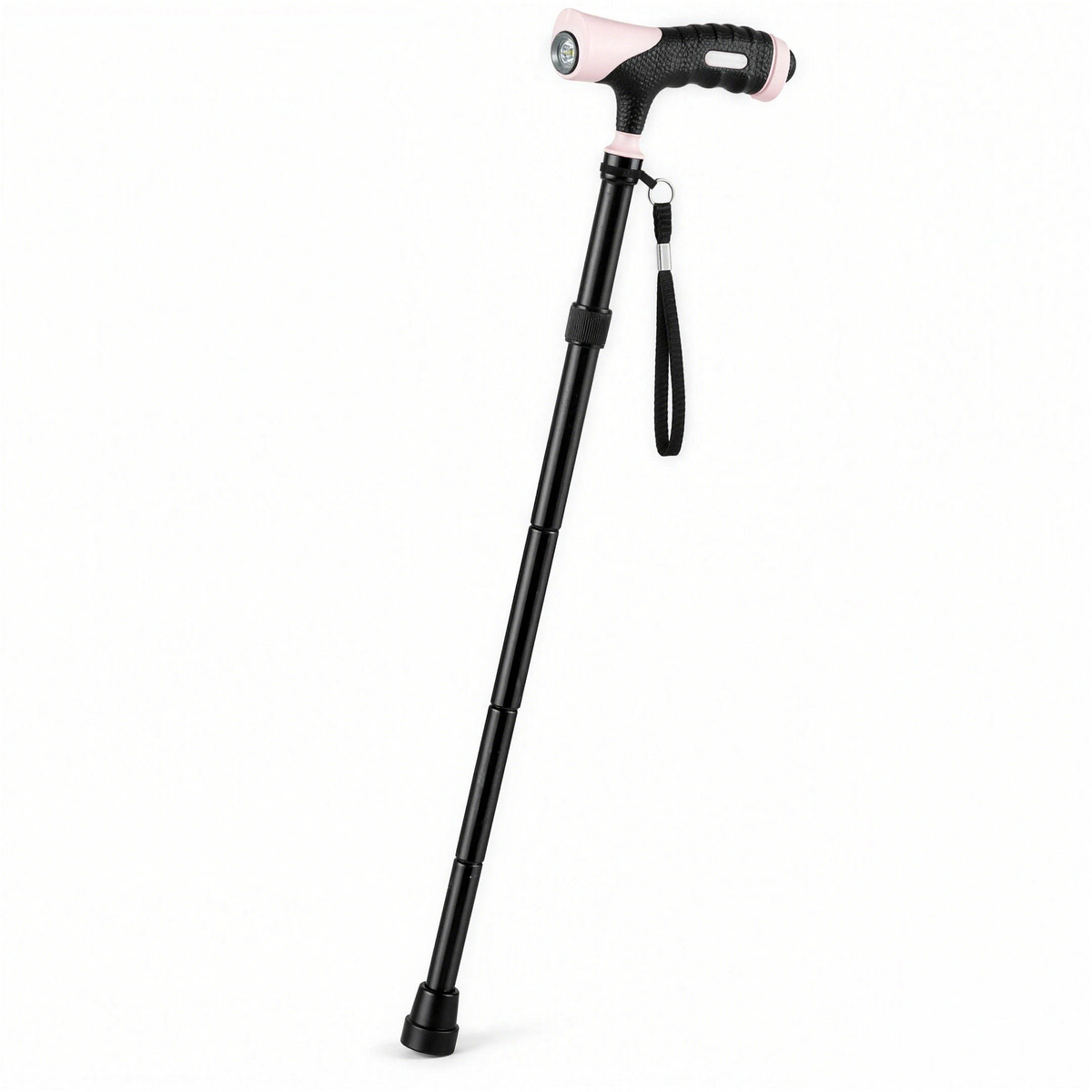 DeepTireh HY7220L folding walking cane with a black shaft, pink handle accents, built-in LED light and wrist strap