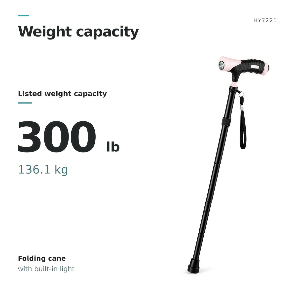 Weight capacity graphic for the DeepTireh HY7220L folding walking cane with built-in LED light