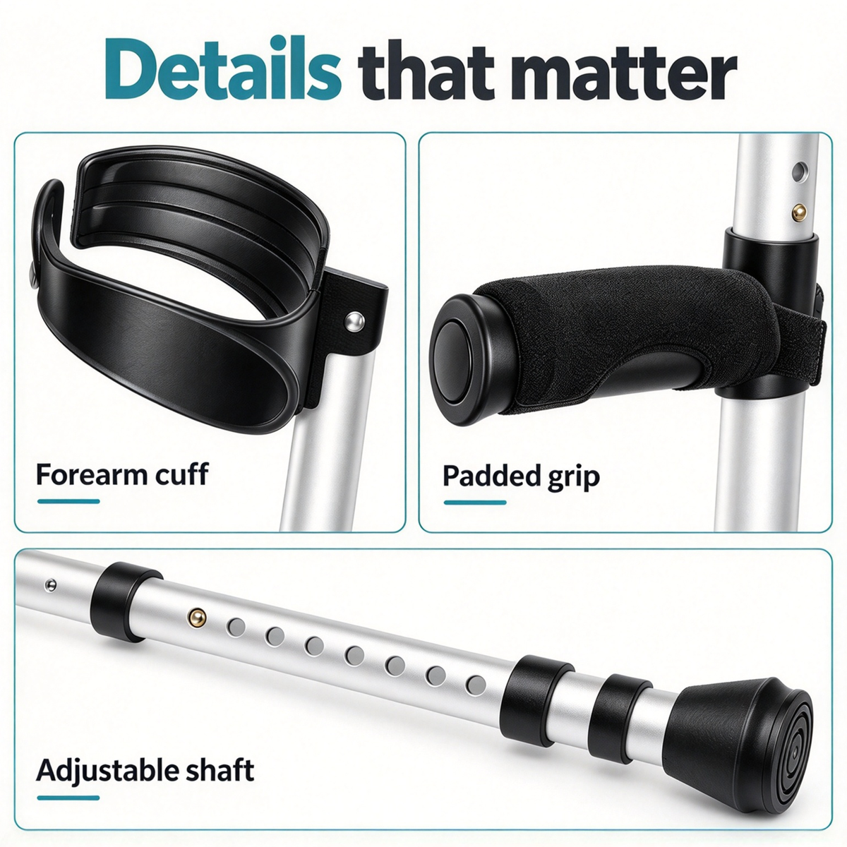Close-ups of the DeepTireh HY7634L forearm cuff, padded handgrip and adjustable shaft with push-button settings