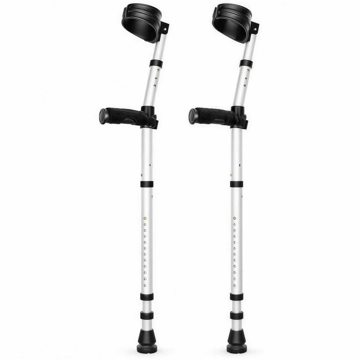 Pair of silver DeepTireh HY7634L forearm crutches with black cuffs, padded handgrips and rubber tips
