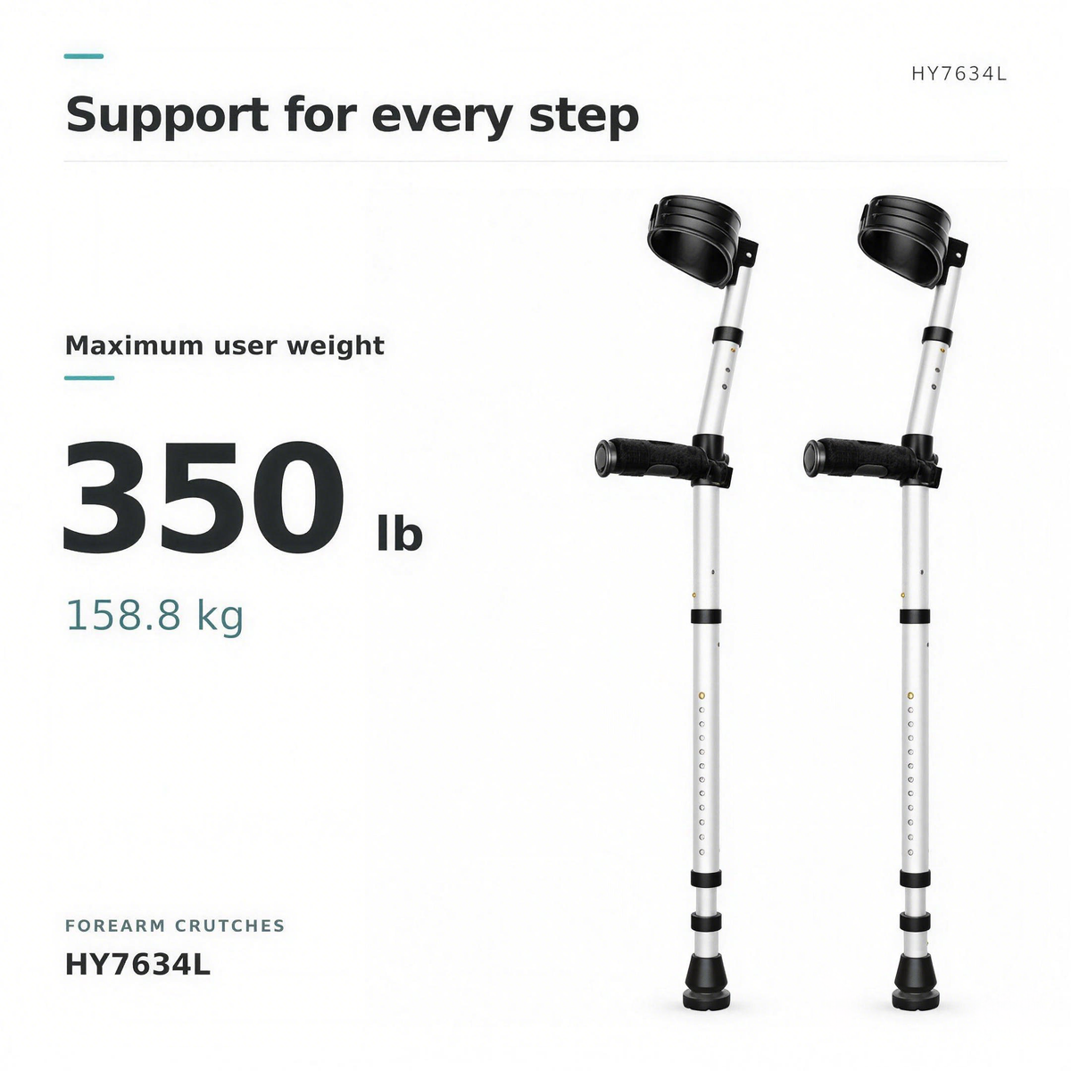 DeepTireh HY7634L forearm crutches with a graphic showing a maximum user weight of 350 lb