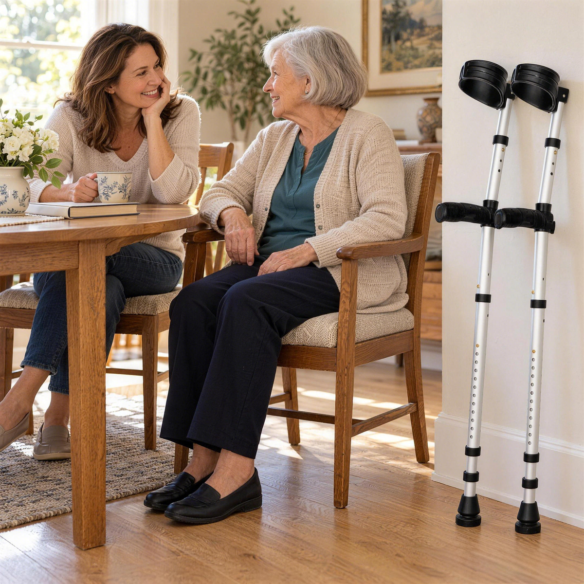 Older woman and a younger woman chatting at a dining table with DeepTireh HY7634L forearm crutches beside them