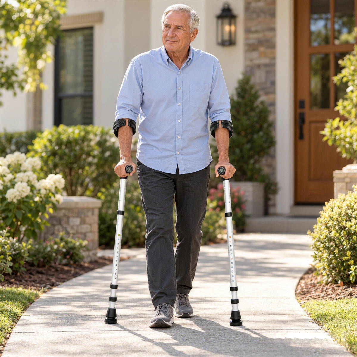Older man walking along a paved path outside a home using DeepTireh HY7634L forearm crutches