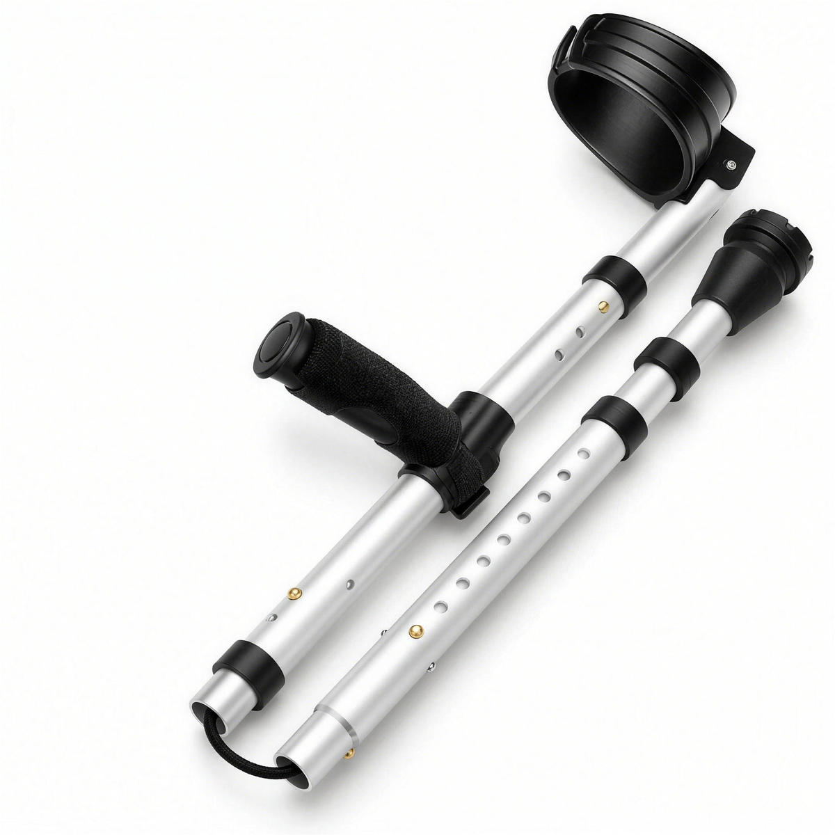 Folded DeepTireh HY7634L forearm crutch showing connected shaft sections, padded handgrip and forearm cuff