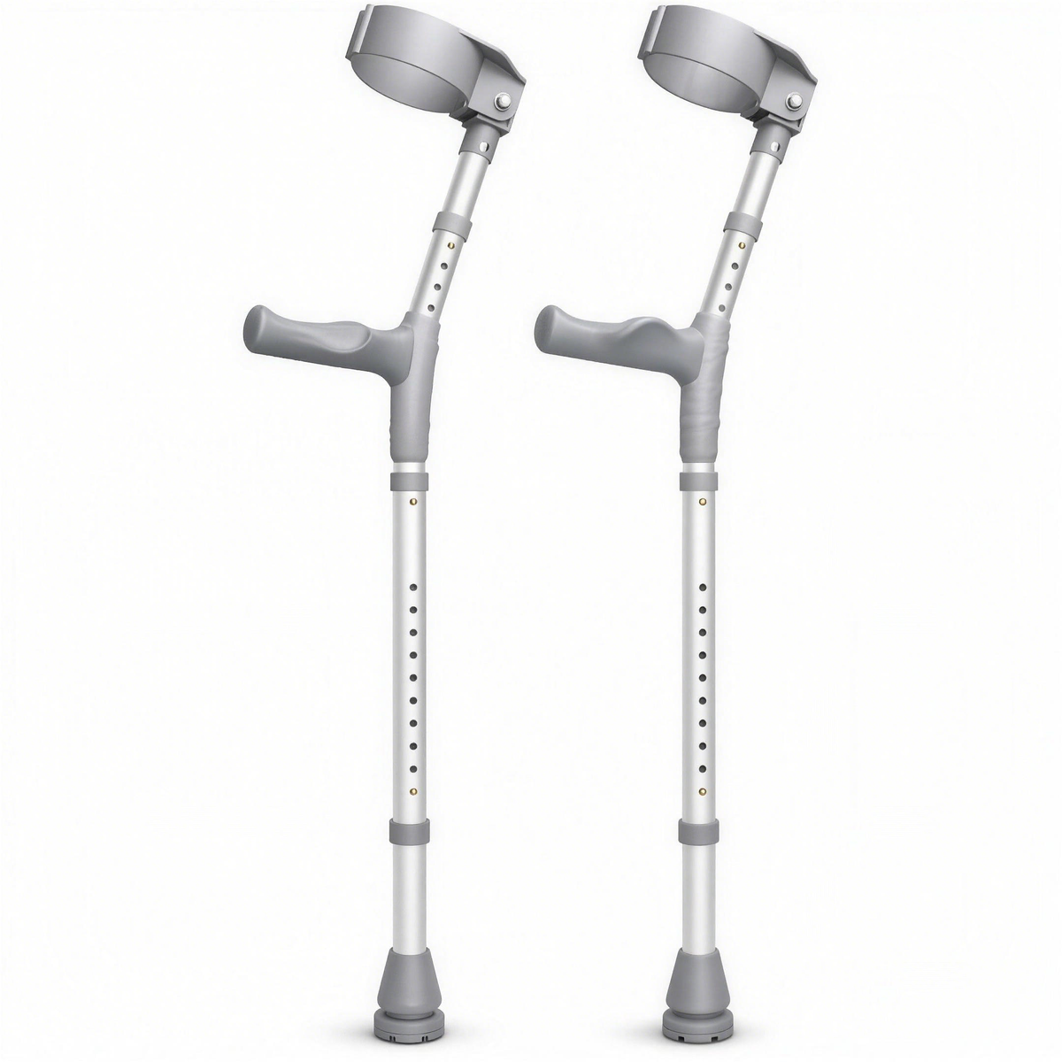Pair of DeepTireh HY7636L forearm crutches with gray cuffs, contoured handgrips, adjustable silver shafts and rubber tips