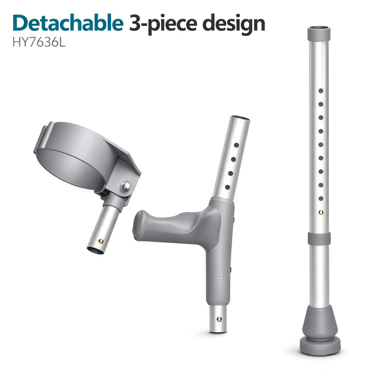 DeepTireh HY7636L forearm crutch separated into cuff, handgrip and lower shaft sections