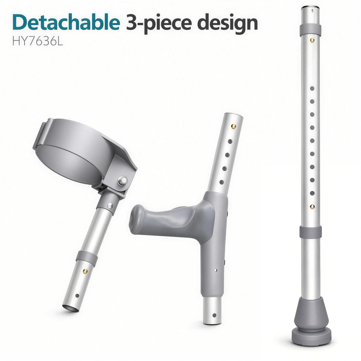 Three detached sections of a DeepTireh HY7636L forearm crutch showing connection points and adjustment holes