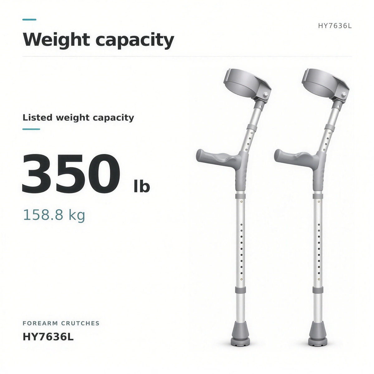 Weight capacity graphic for DeepTireh HY7636L forearm crutches showing a 350 lb user weight limit
