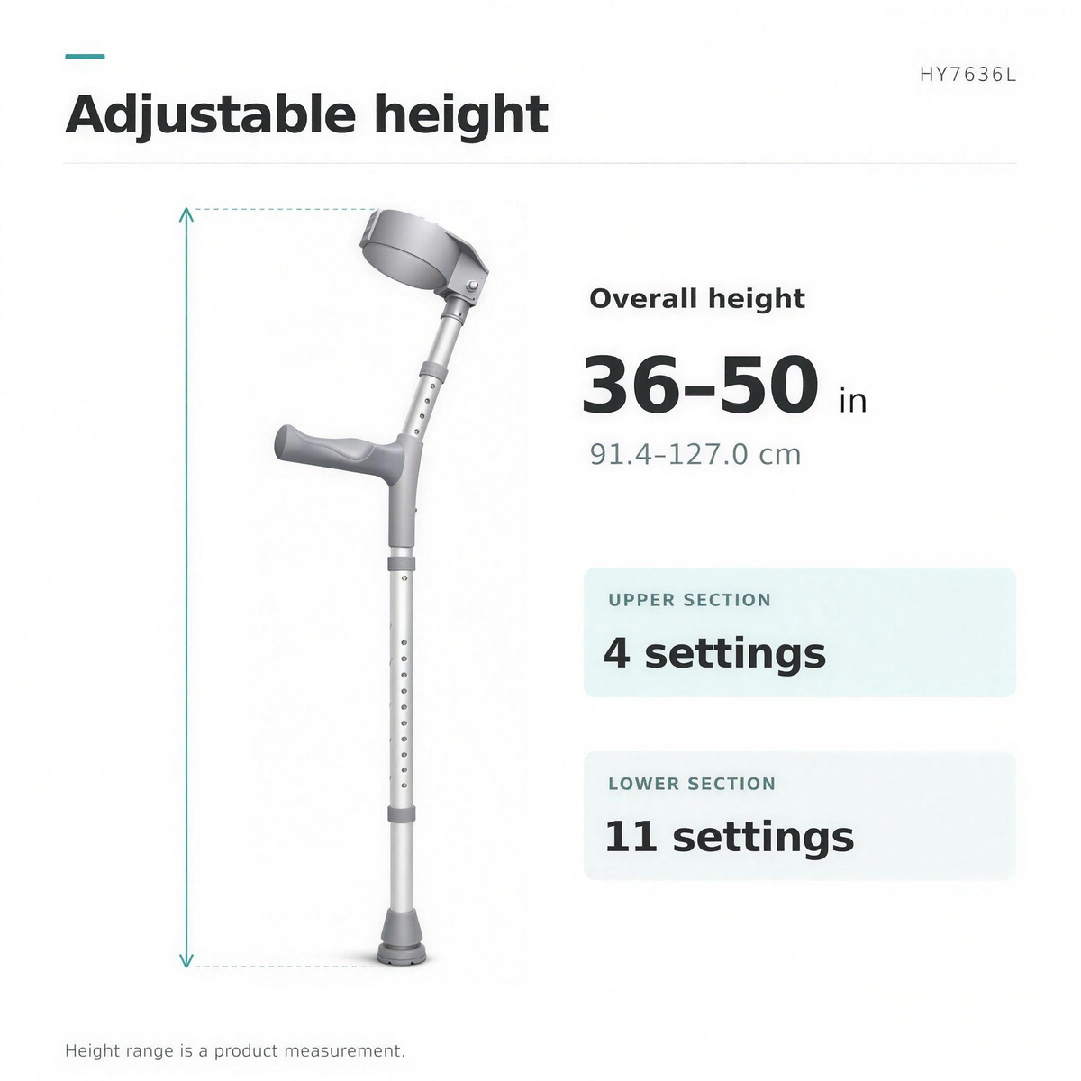 DeepTireh HY7636L height adjustment diagram showing an overall crutch height range of 36 to 50 inches