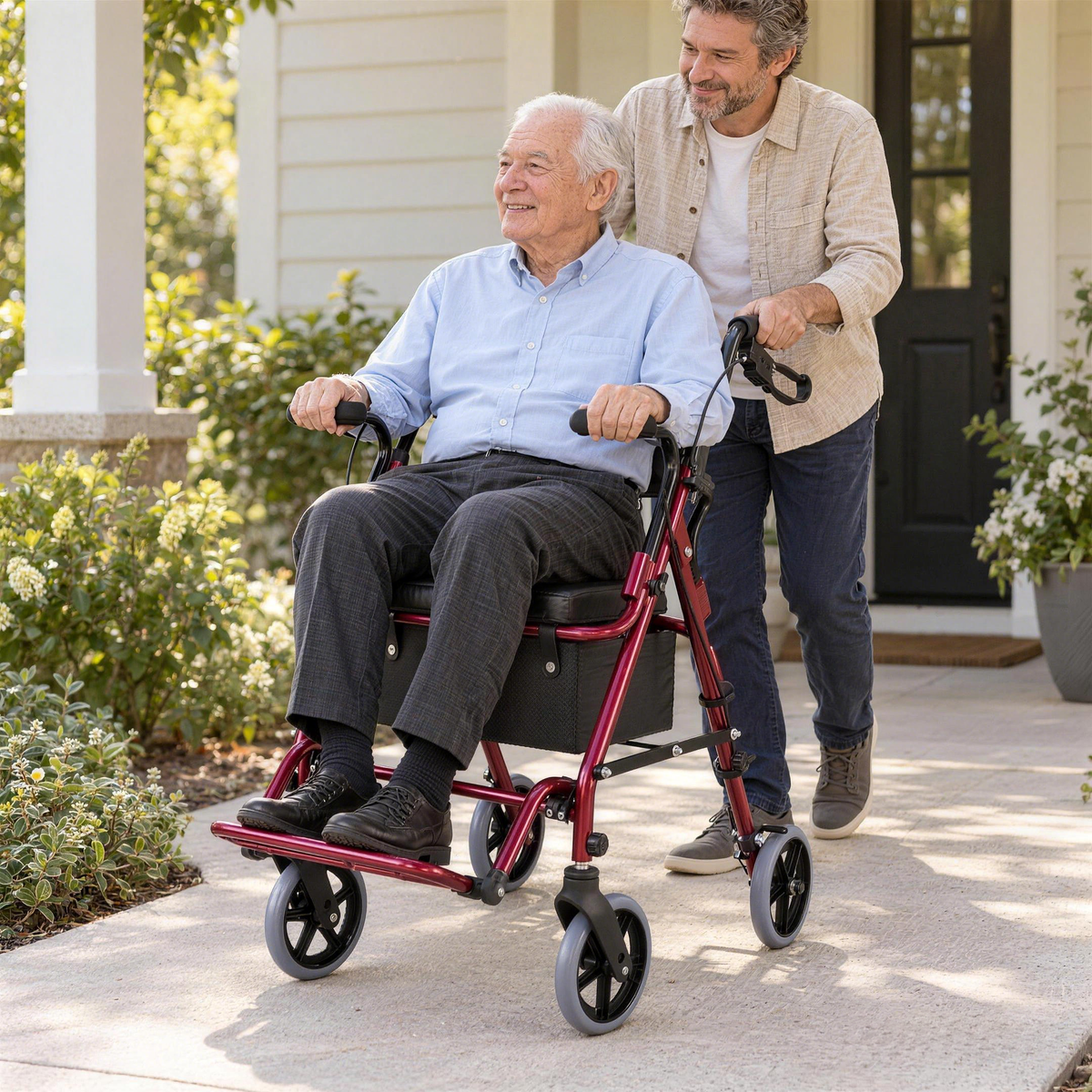 Older man seated in a red DeepTireh HY8500L transport chair while an adult man pushes it outside a home