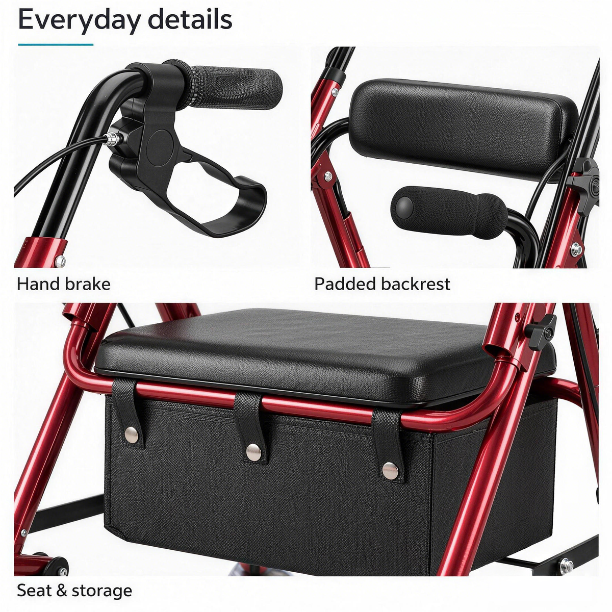 Close-ups of the DeepTireh HY8500L hand brake, padded backrest, seat and under-seat storage bag