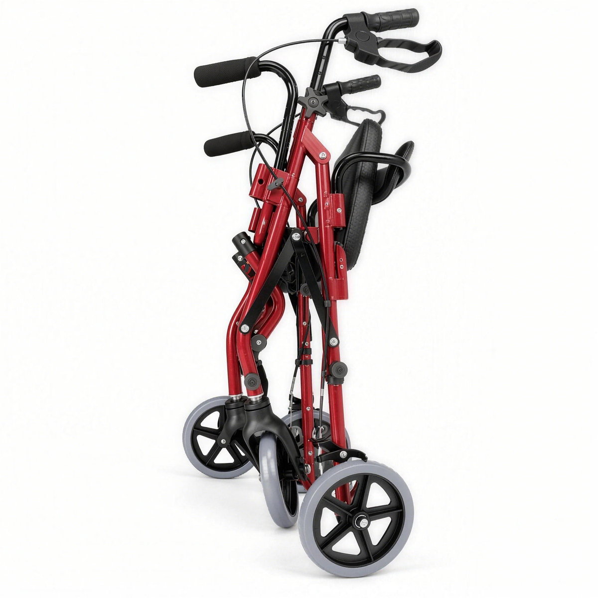 Red DeepTireh HY8500L rollator walker folded upright for storage