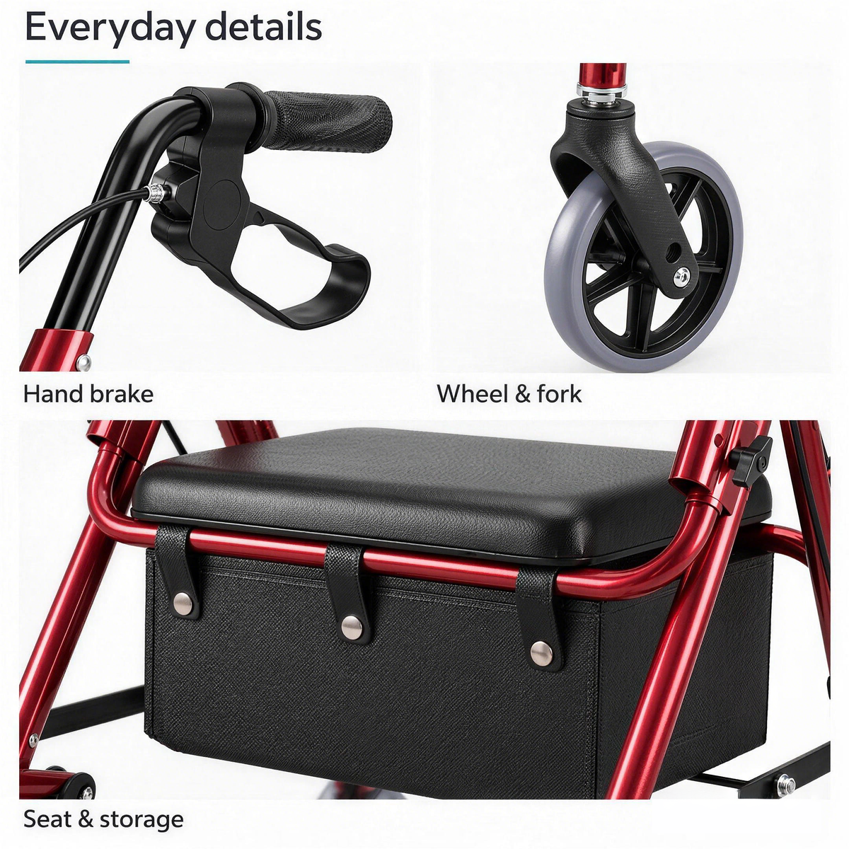 Close-ups of the DeepTireh HY8500L hand brake, wheel and fork, padded seat and under-seat storage bag