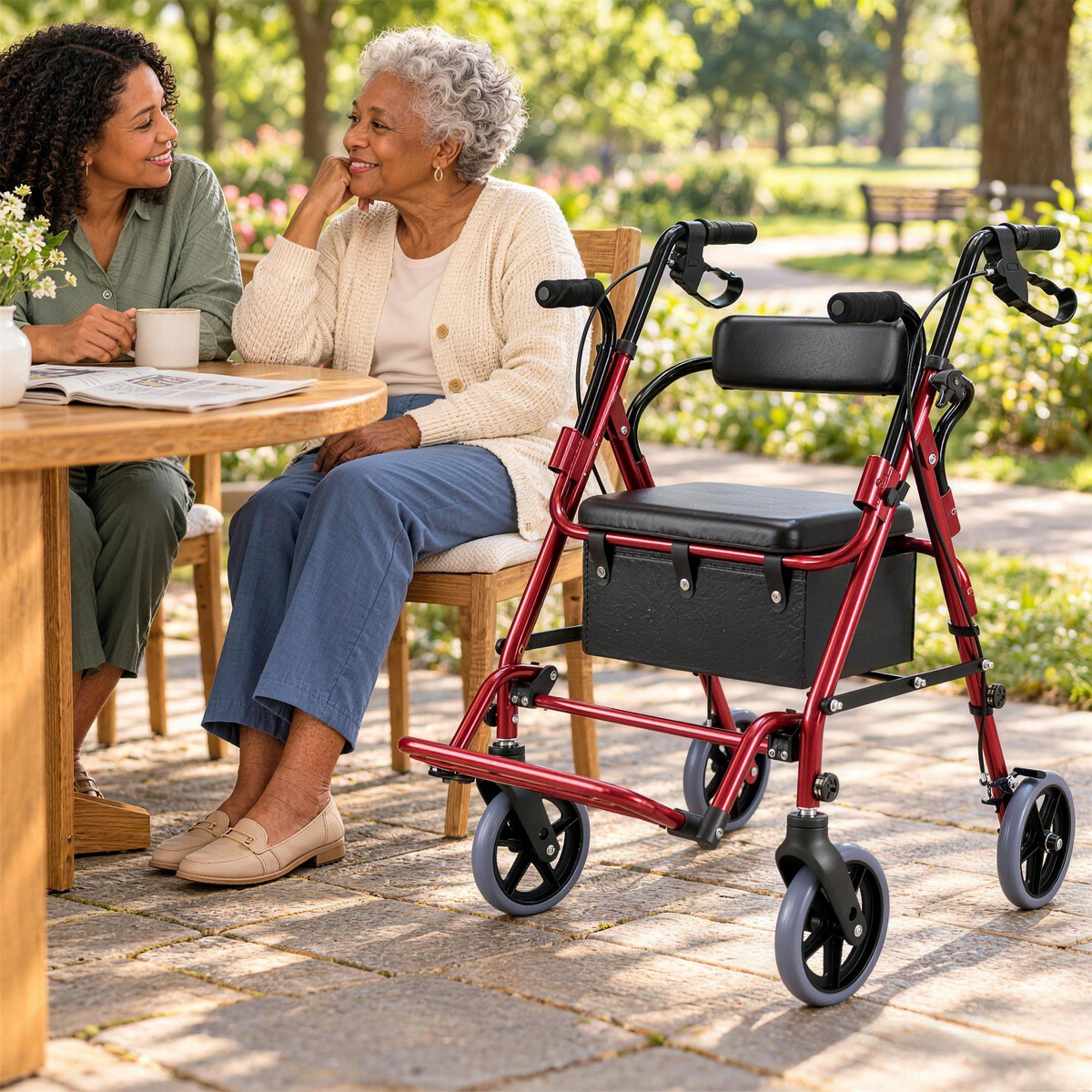 Older woman and a younger woman chatting at an outdoor table with a red DeepTireh HY8500L rollator beside them