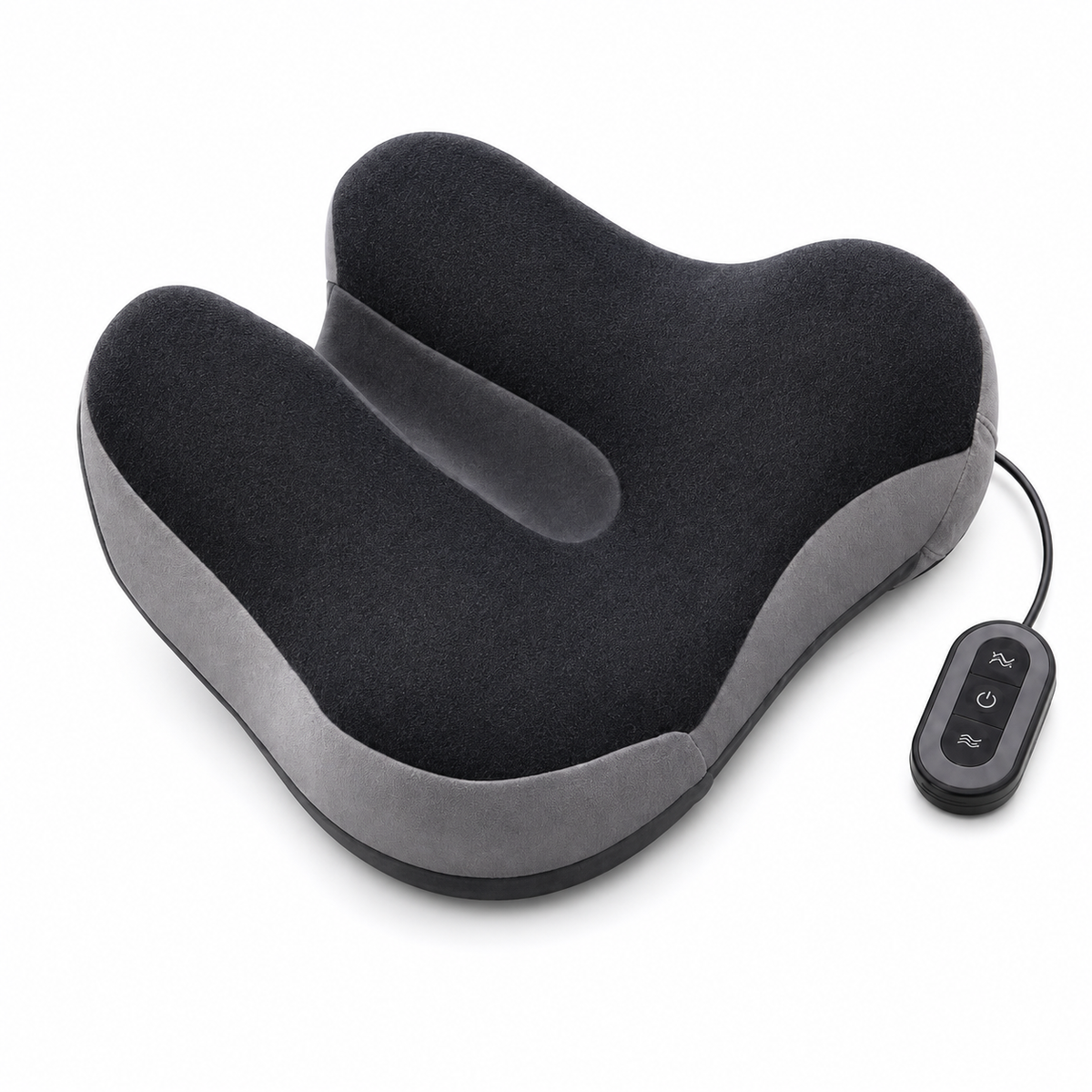 DeepTireh DT-A012 black and gray contoured heated massage seat cushion with a wired three-button controller on a white background