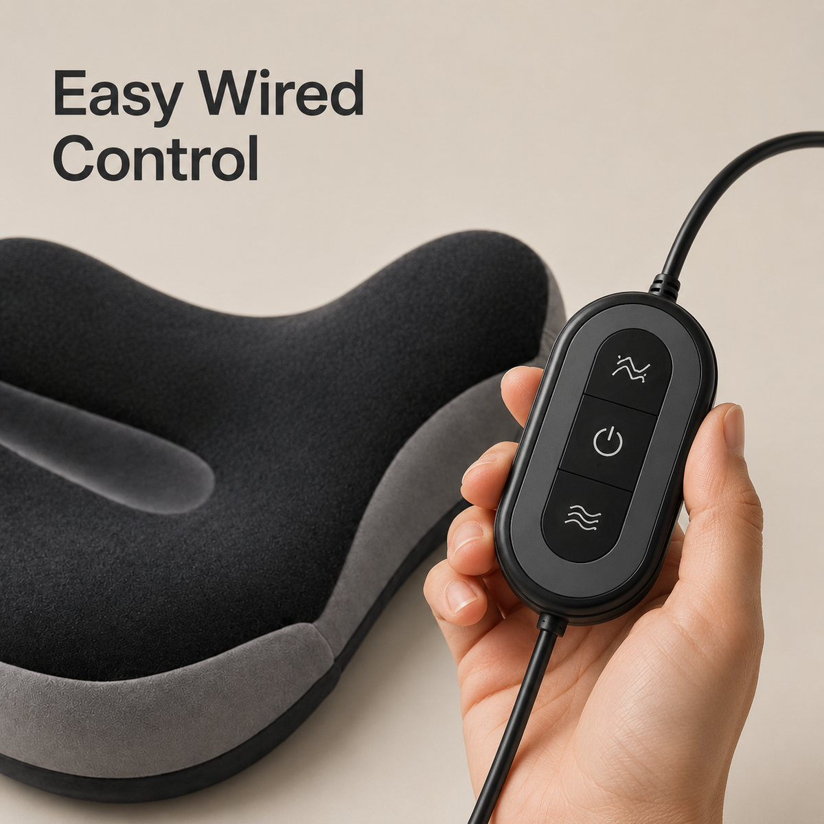 Close-up of a hand holding the wired three-button controller beside the DeepTireh DT-A012 seat cushion
