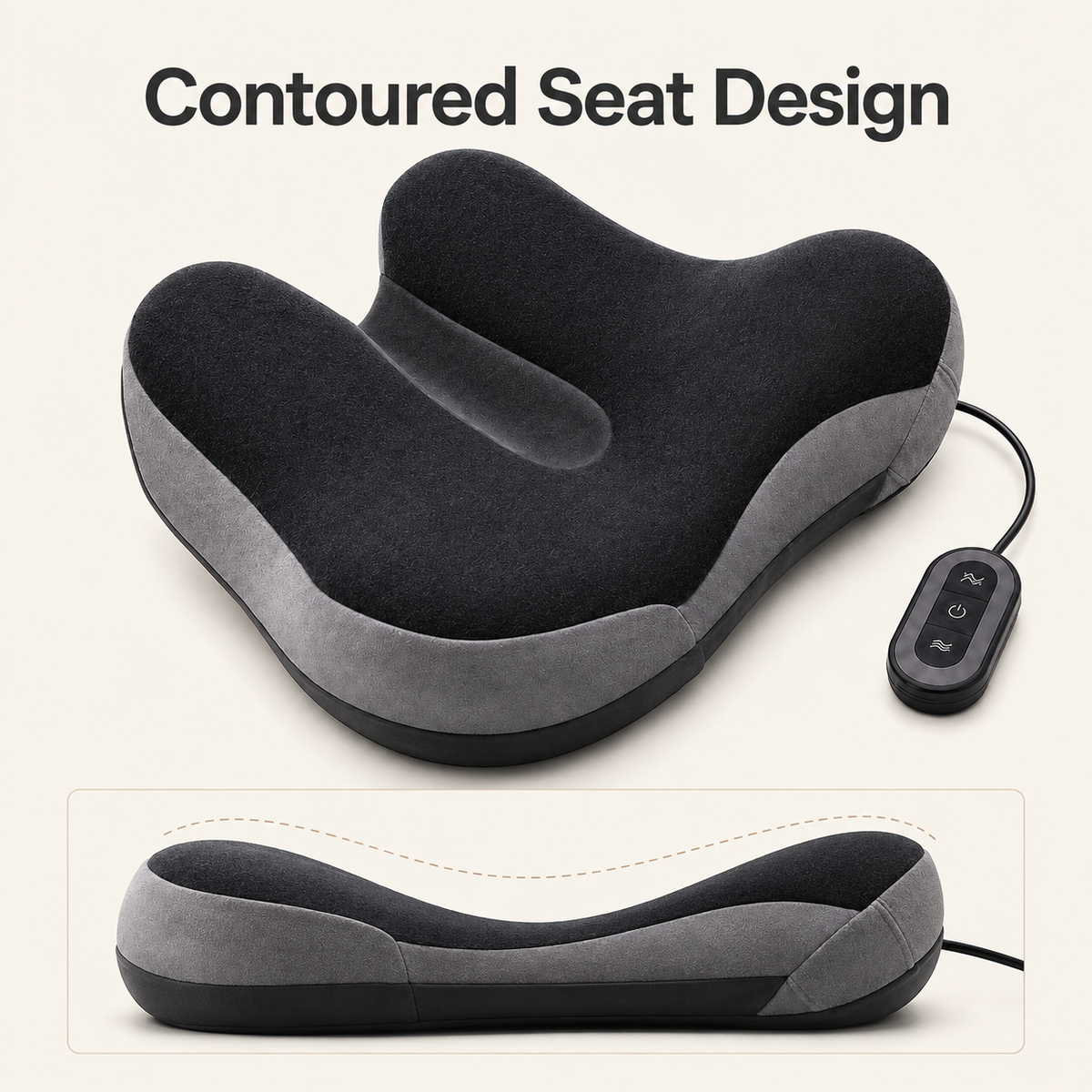Front and side views of the DeepTireh DT-A012 seat cushion showing its raised edges and contoured seating surface