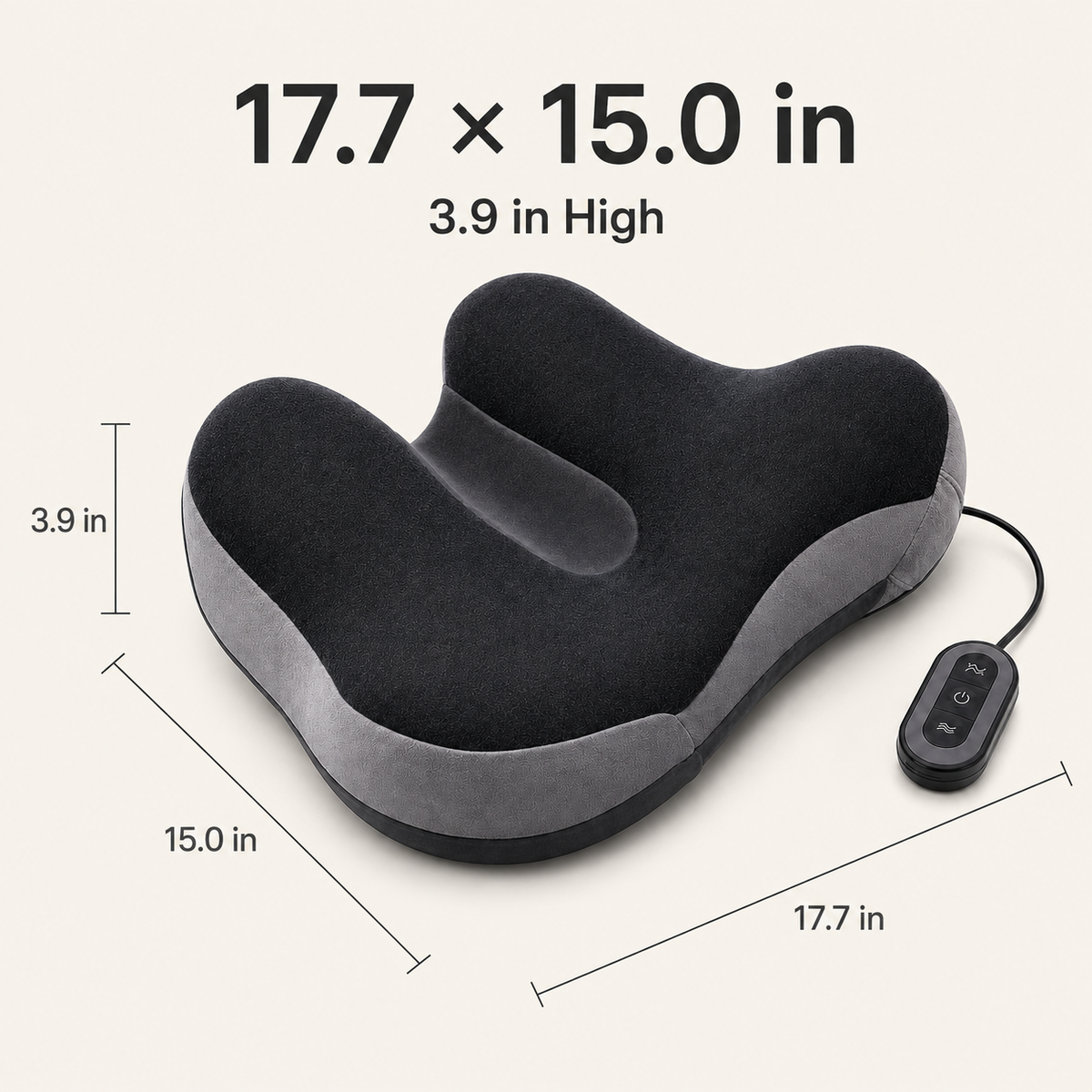 DeepTireh DT-A012 seat cushion dimension graphic showing 17.7 inches wide, 15 inches deep, and 3.9 inches high