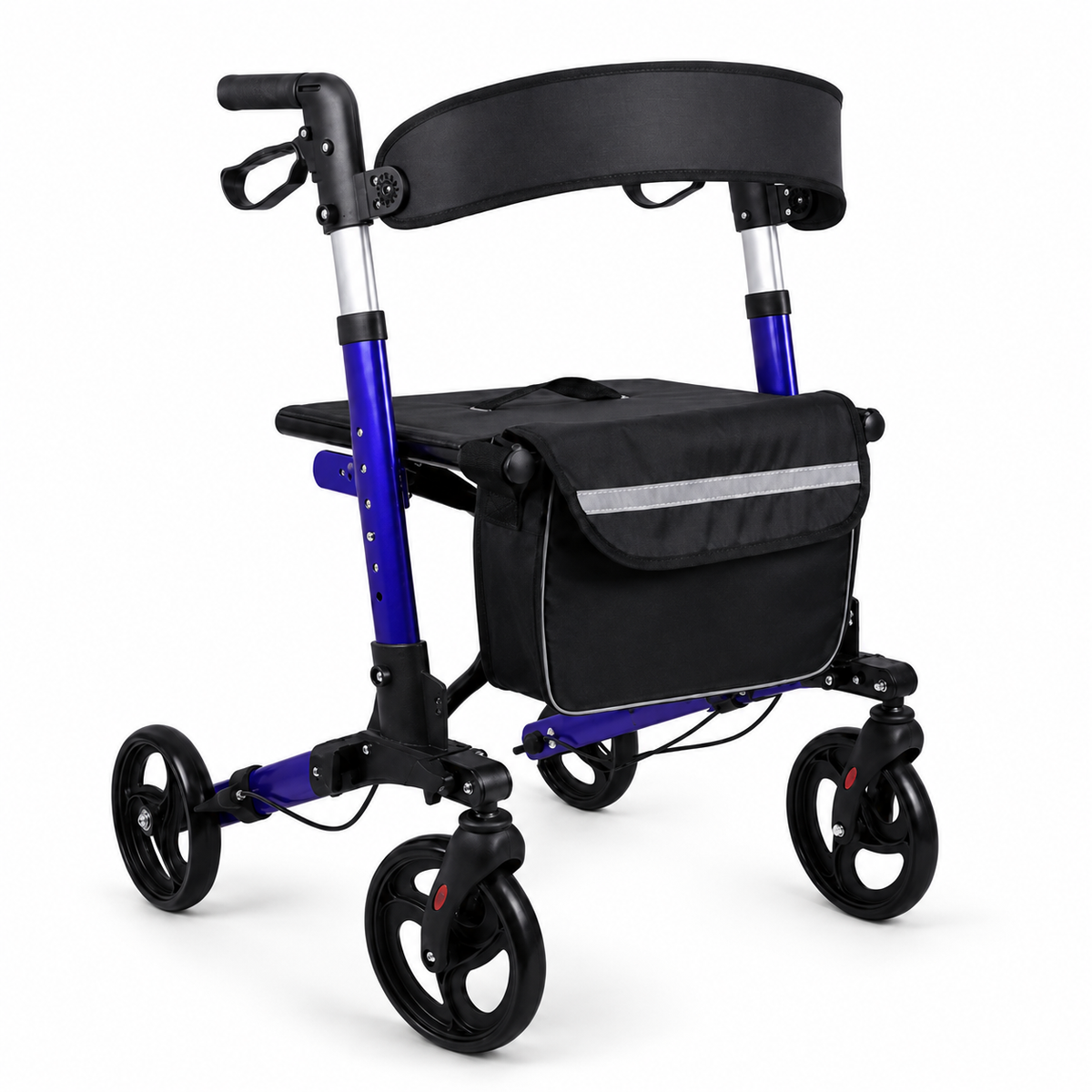 DeepTireh DT-M004 blue large-wheel rollator walker with padded seat, back belt, hand brakes, and storage bag