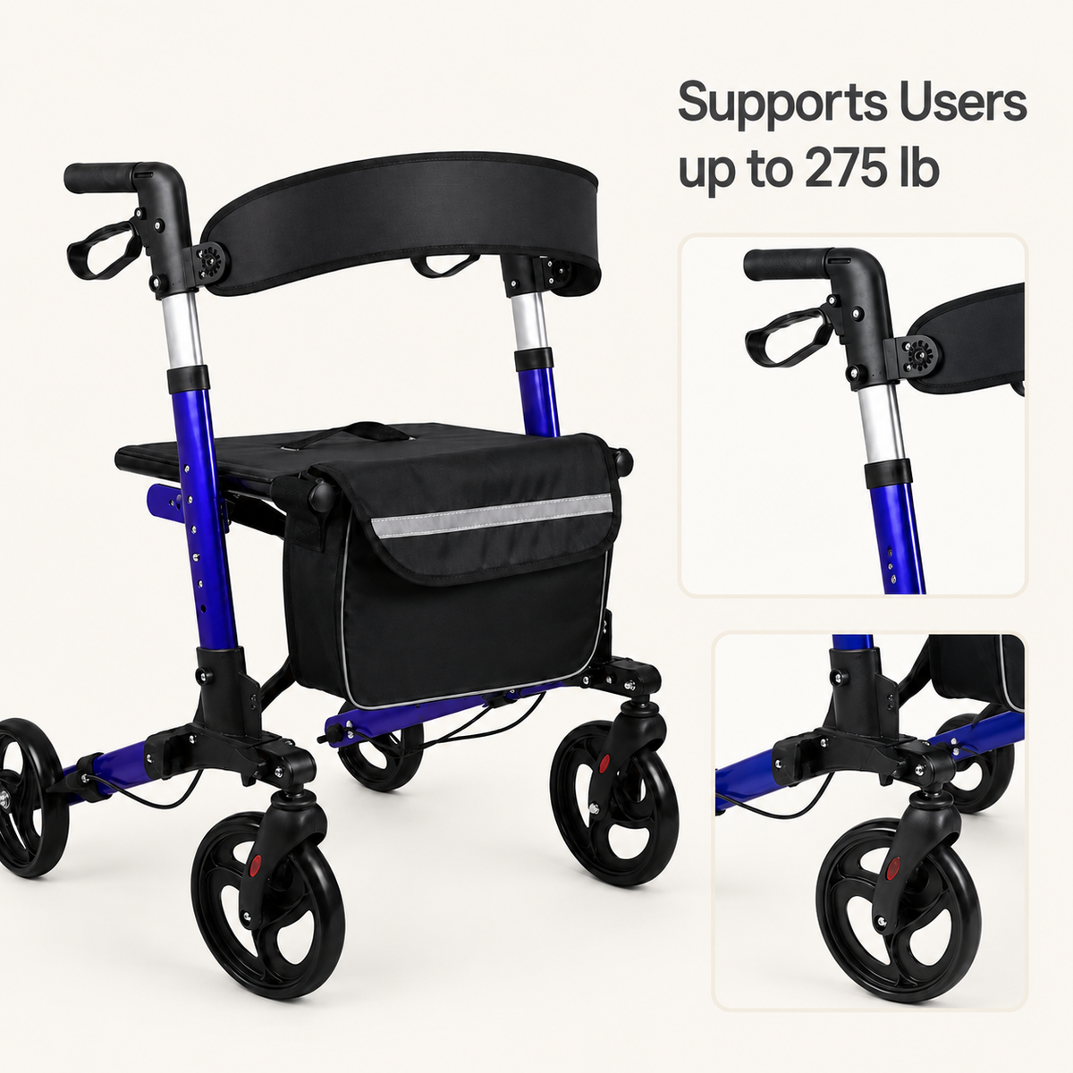 DeepTireh DT-M004 rollator walker with 275-pound user capacity and close-up views of the frame and front wheel