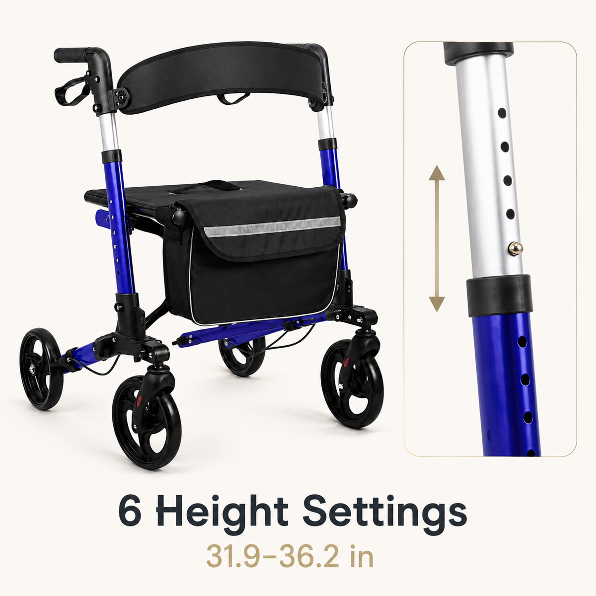 DeepTireh DT-M004 rollator walker with six handle-height settings from 31.9 to 36.2 inches