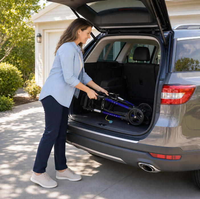 Woman placing the folded DeepTireh DT-M004 rollator walker into the cargo area of an SUV