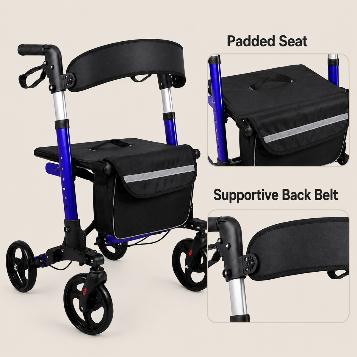 DeepTireh DT-M004 rollator walker with padded seat and back belt detail views