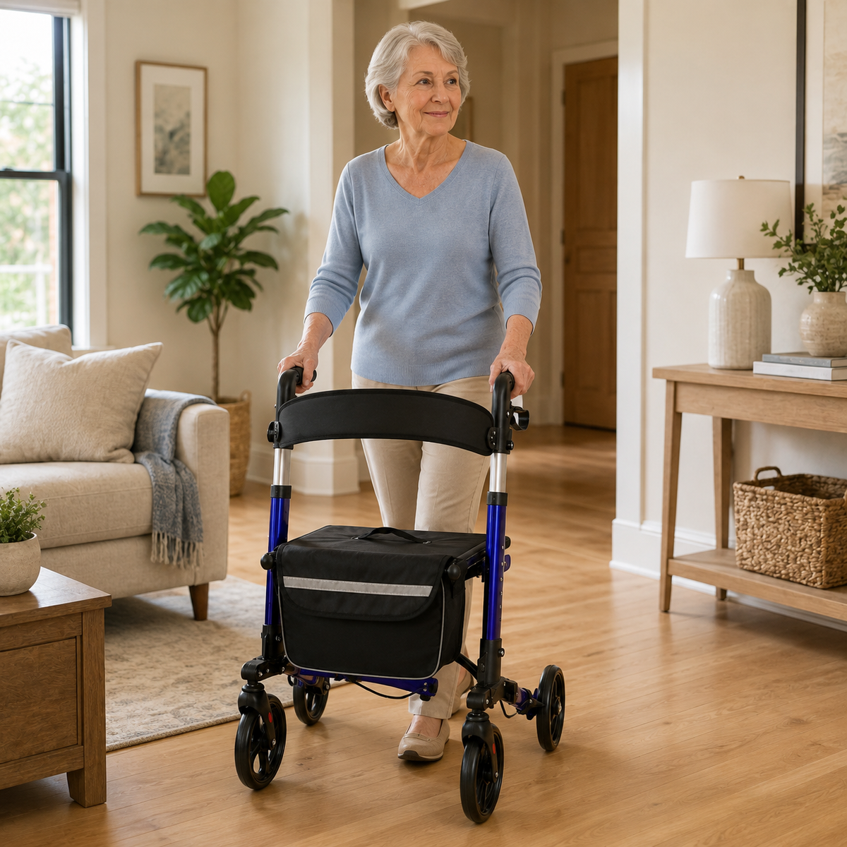 Older woman using the DeepTireh DT-M004 rollator walker in a bright home interior