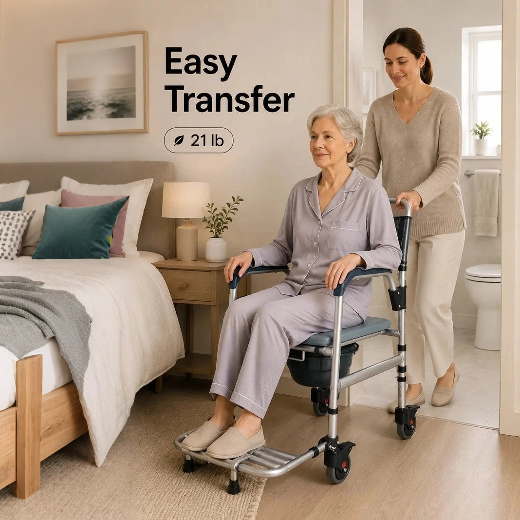 Caregiver assisting an older woman seated on the DeepTireh DT-B001 mobile commode chair