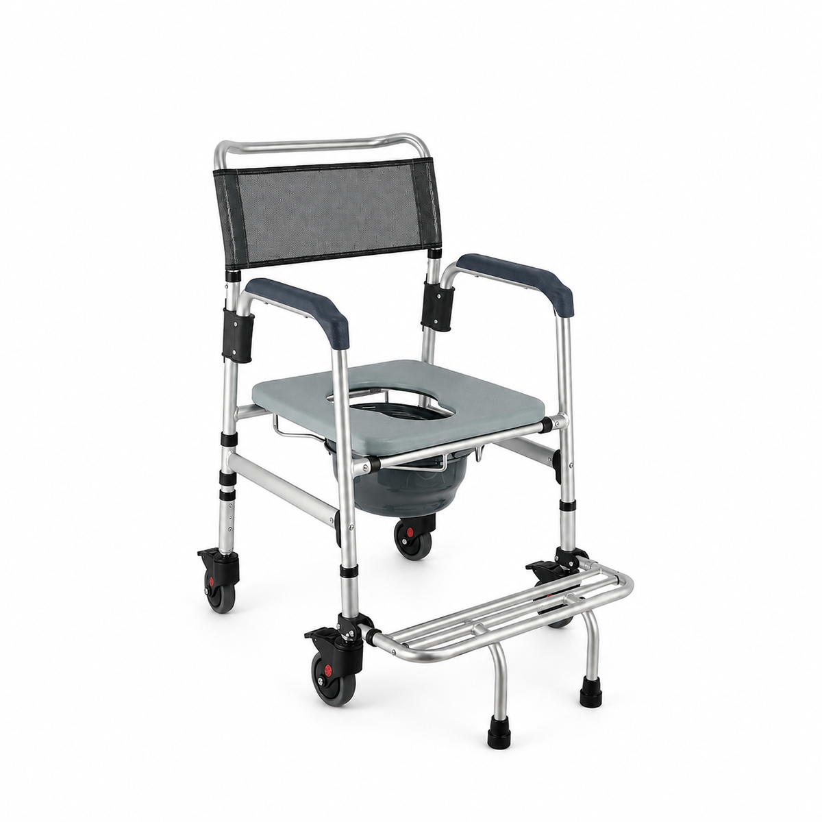 DeepTireh DT-B001 mobile shower commode chair with wheels, armrests, backrest, bucket, and footrest