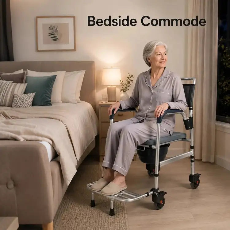 Older woman seated on the DeepTireh DT-B001 bedside commode chair beside a bed