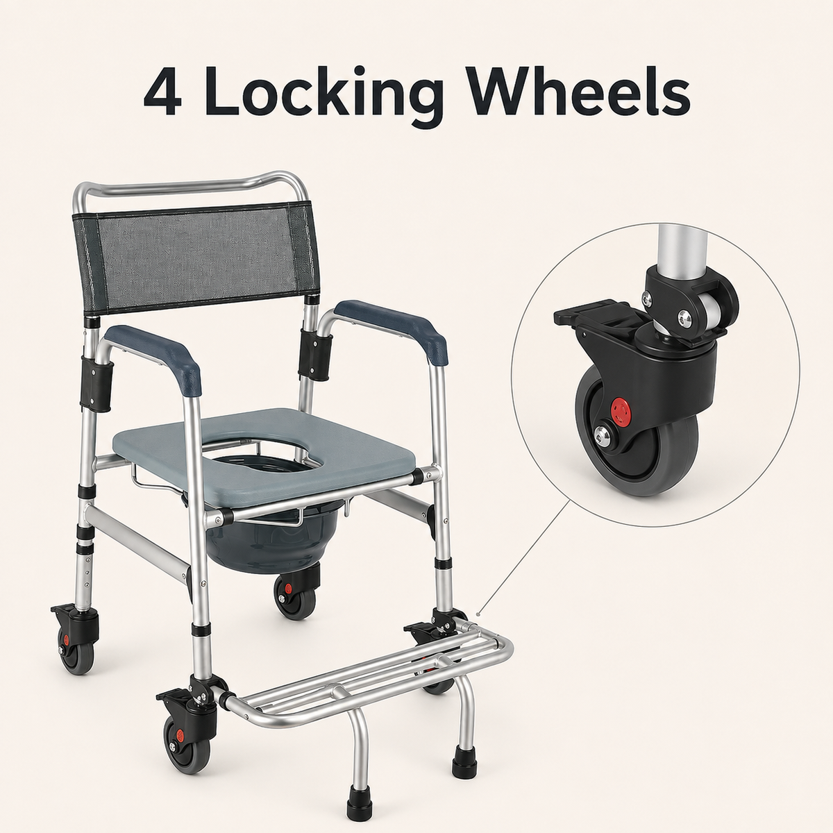 DeepTireh DT-B001 shower commode chair with close-up view of a locking caster