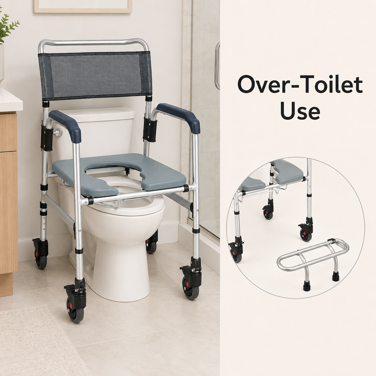 DeepTireh DT-B001 commode chair positioned over a toilet with removable footrest shown