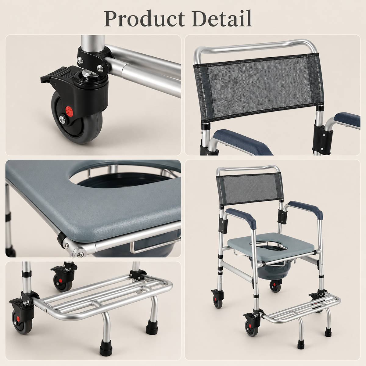 Close-up views of the DeepTireh DT-B001 caster, backrest, seat, footrest, and commode frame