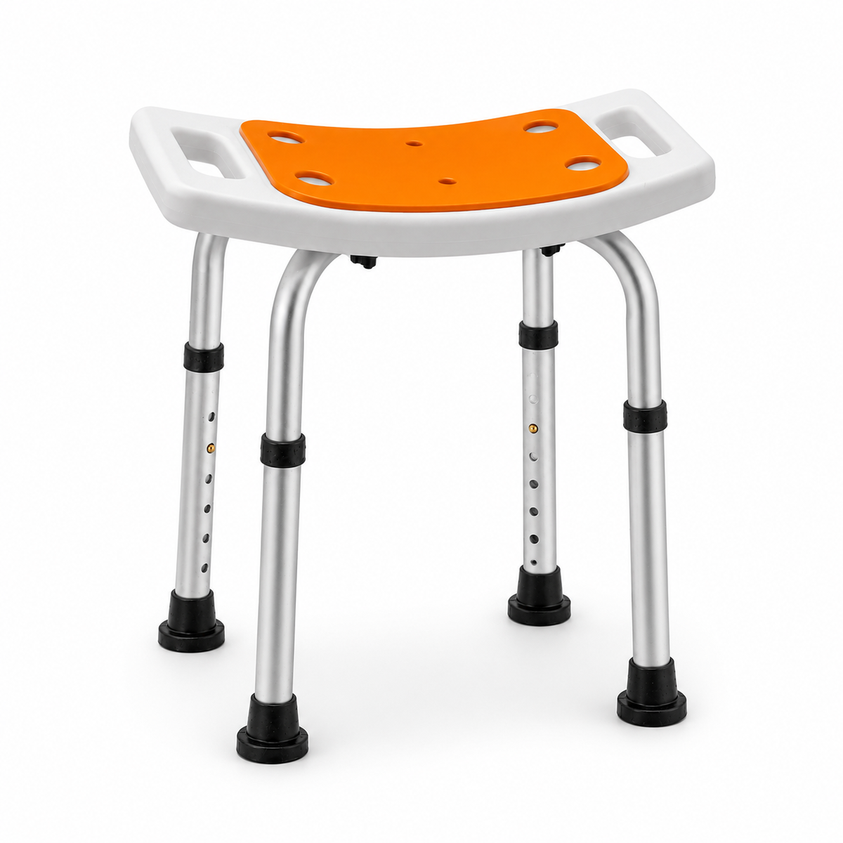 DeepTireh DT-B003 padded shower stool with side handles, orange seat, adjustable legs, and rubber feet