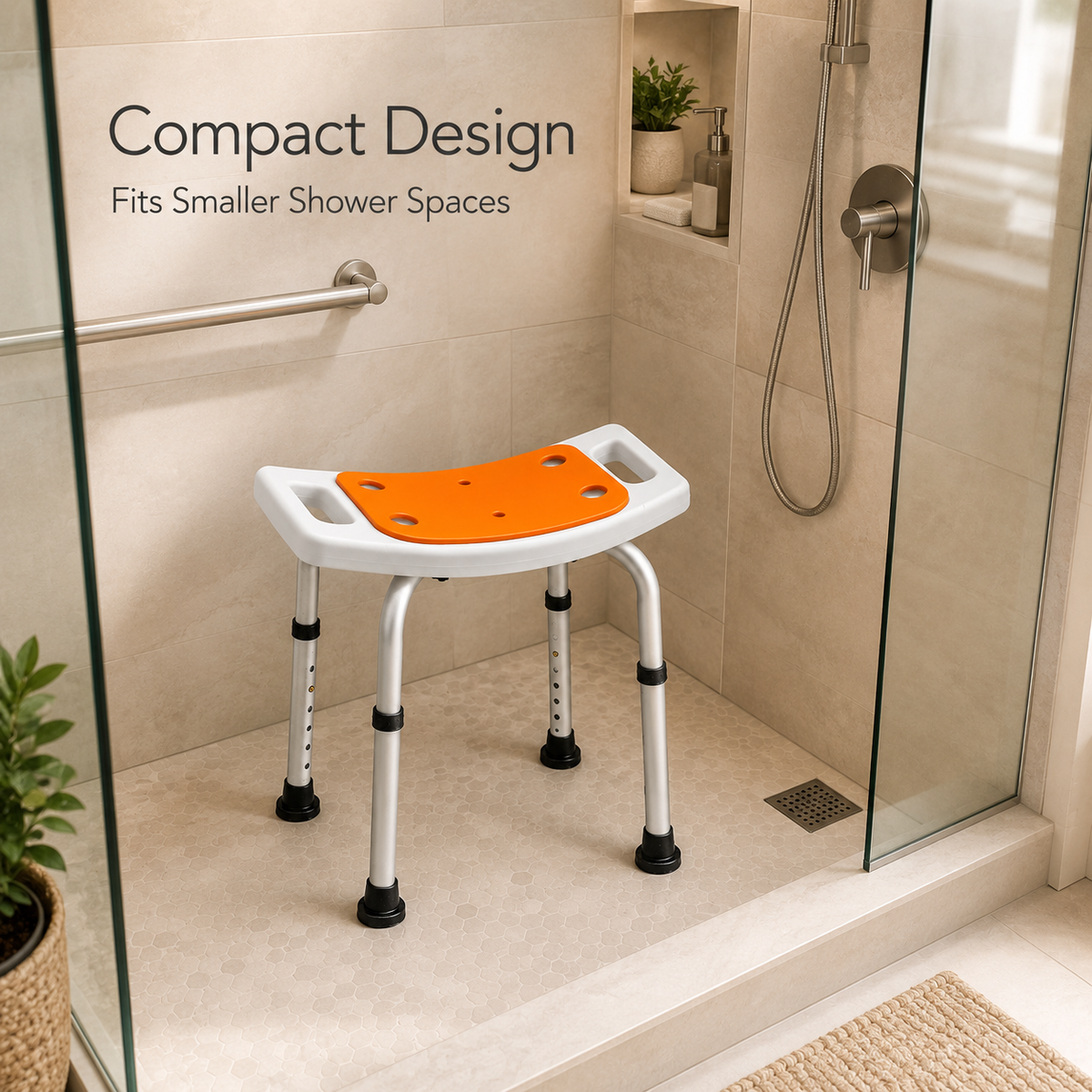 DeepTireh DT-B003 padded shower stool positioned in a compact walk-in shower