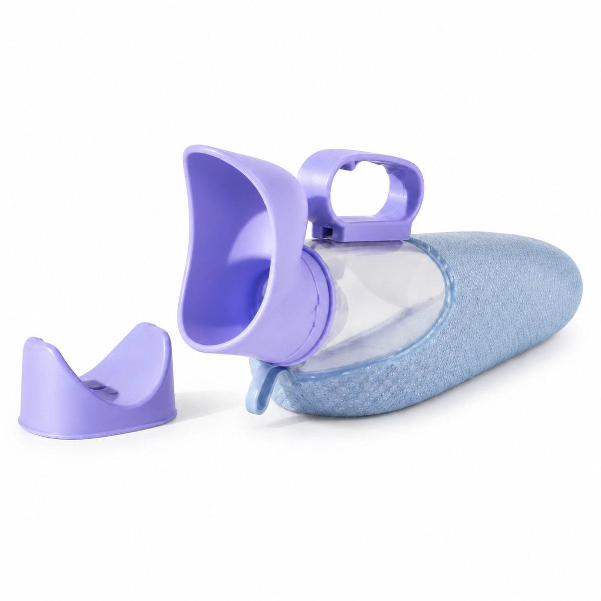 DeepTireh DT-B005 portable female urinal bottle with a purple contoured opening, integrated handle, blue textured sleeve, and removable purple cap on a white background