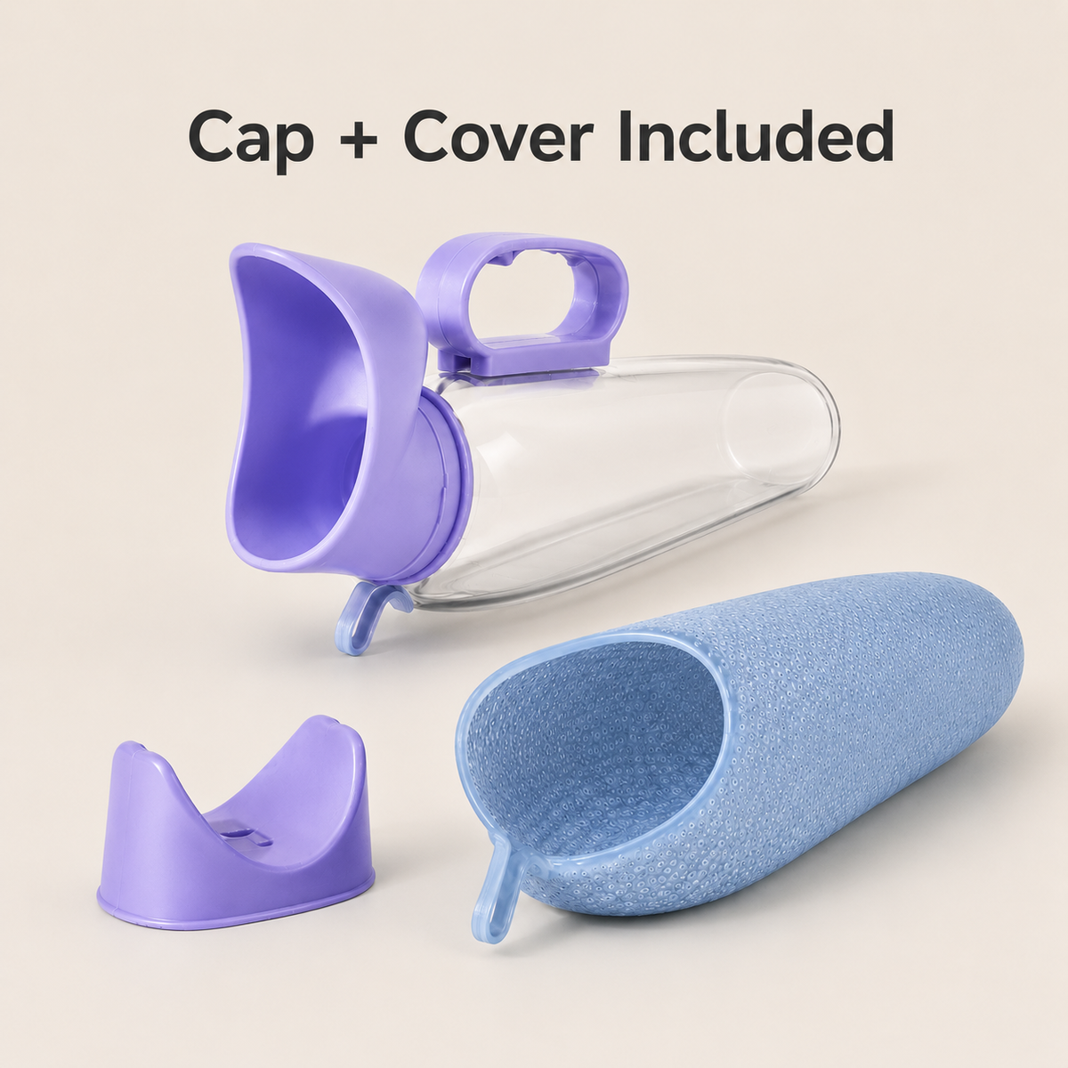 DeepTireh DT-B005 portable female urinal bottle shown with the transparent container, blue textured outer sleeve, purple opening, handle, and removable cap