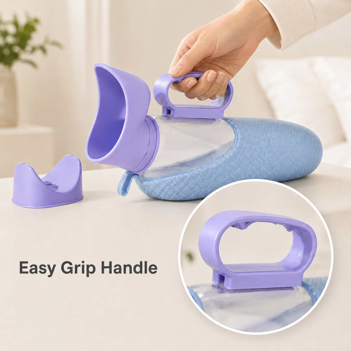 Hand lifting the empty DeepTireh DT-B005 portable female urinal bottle by its integrated handle, with a close-up of the handle