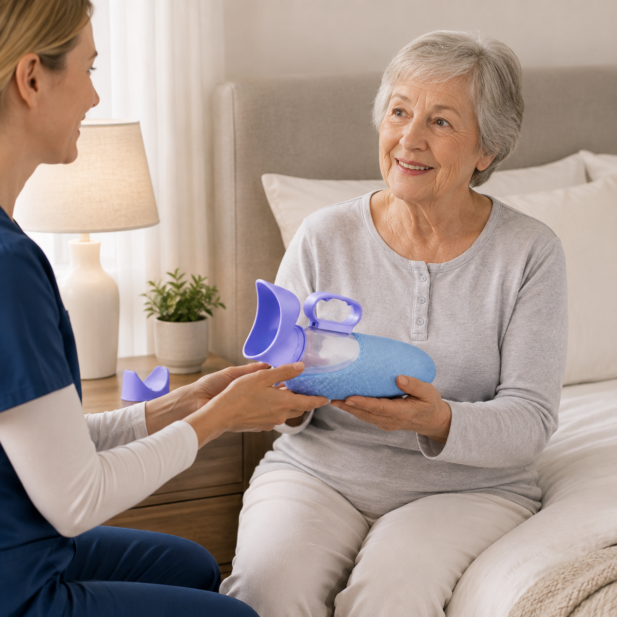 Caregiver handing the DeepTireh DT-B005 portable female urinal bottle to an older woman seated beside a bed