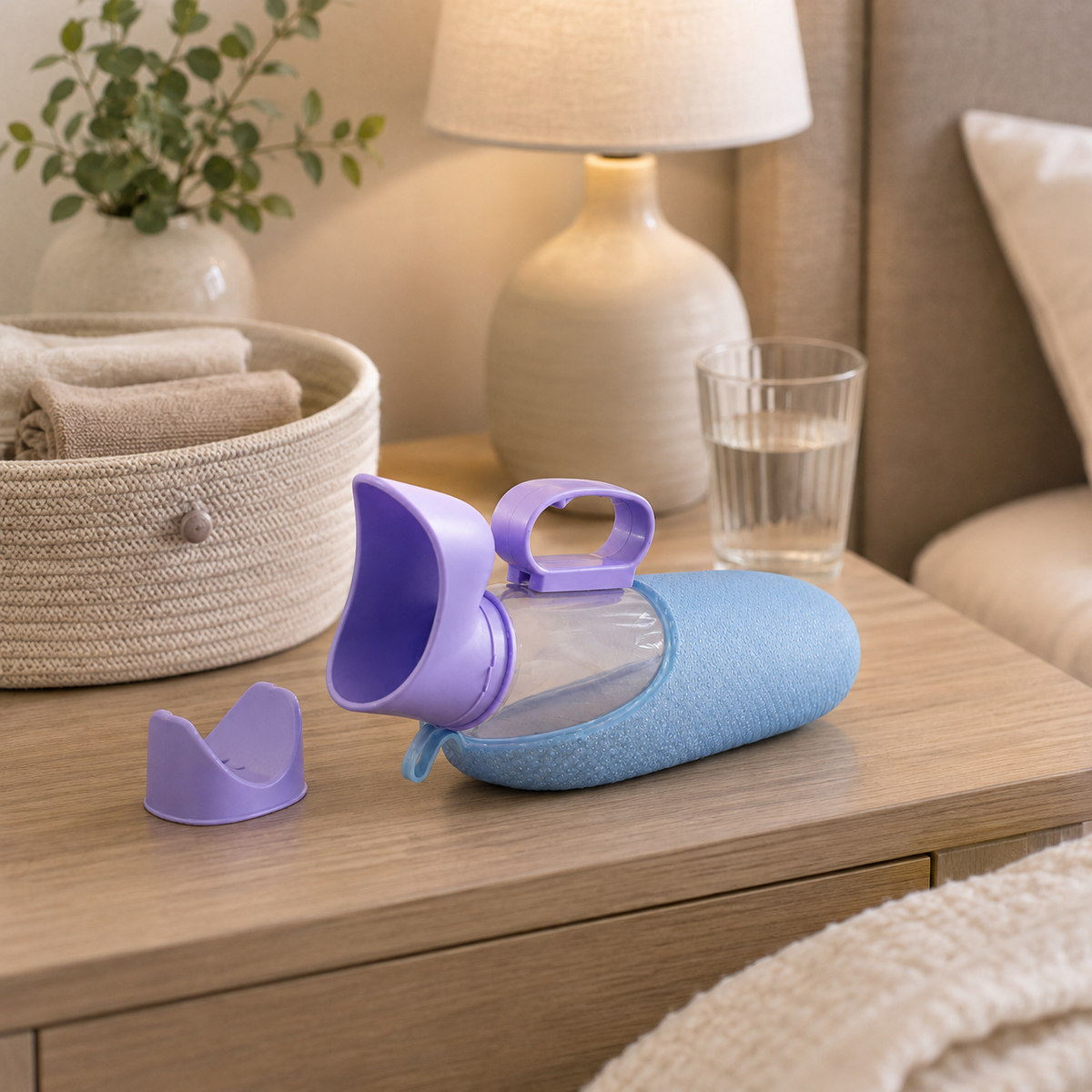 DeepTireh DT-B005 portable female urinal bottle placed on a bedside table beside a water glass and folded towels