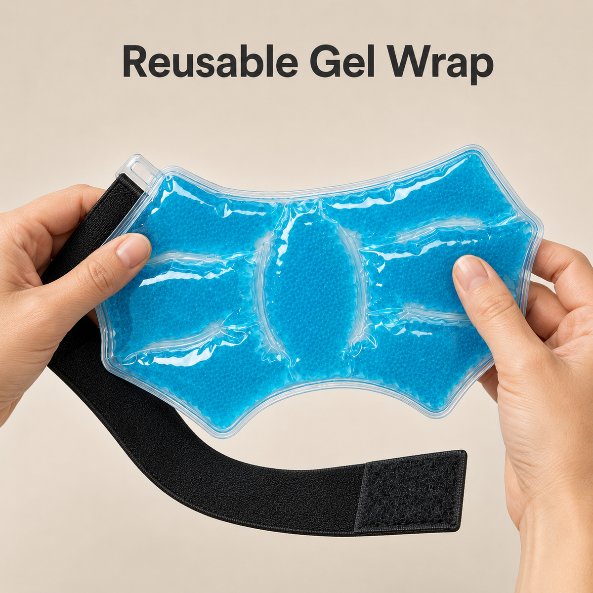 Hands holding the DeepTireh DT-A006 reusable blue segmented gel wrap with its black fastening strap visible