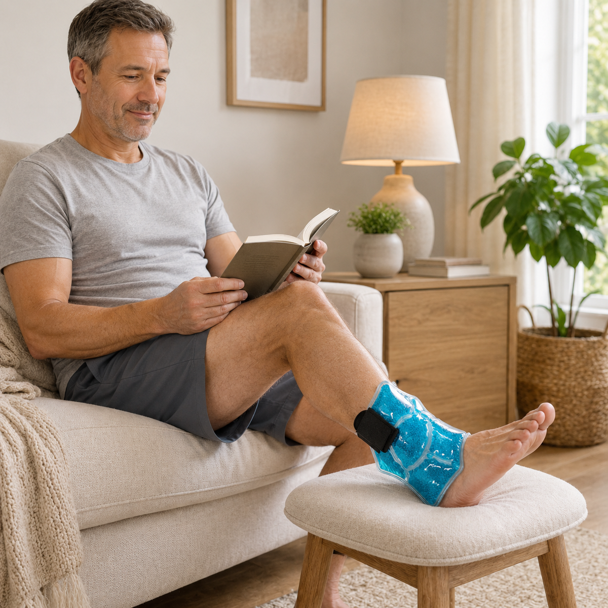 Man seated at home with his foot supported on an ottoman while wearing the DeepTireh DT-A006 ankle gel wrap